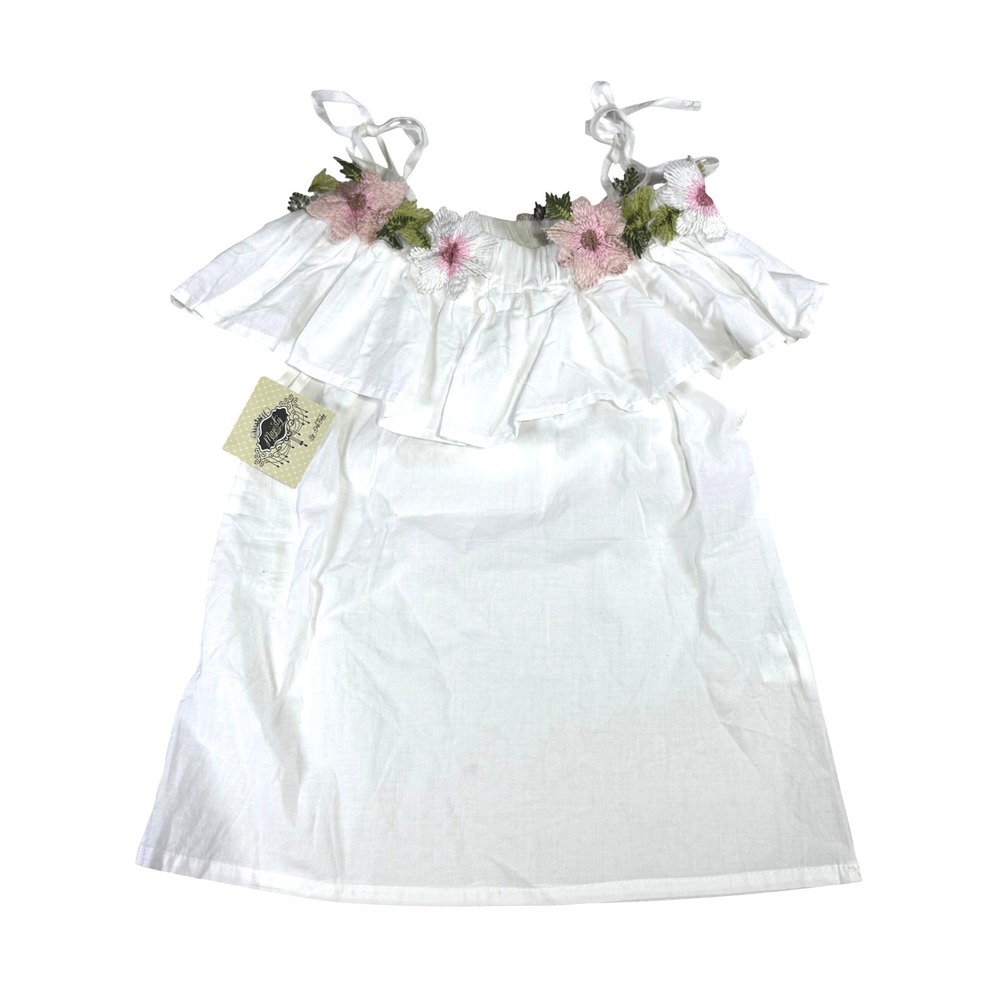 Majesty Dress Girls 5T White Cotton Ruffle Floral Embroidered Tie Strap